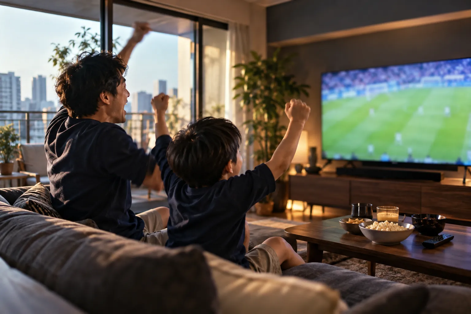 週末の午後、親子でスポーツ中継に歓声をあげる様子